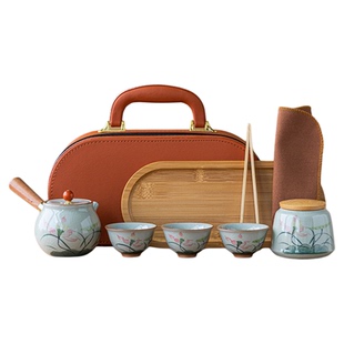 画续哥窑手绘荷花旅行茶具套装便携式快客杯一壶三杯陶瓷旅行茶具