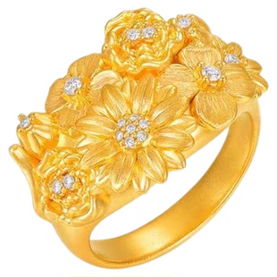繁花锦簇戒指女轻奢小众高级古法镶钻金色花丝活口指环送女友礼物