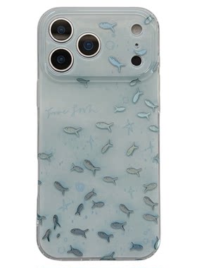 jze夏日ins风可爱小清新蓝色鱼群适用苹果17ProMax手机壳双层鎏金iphone15新款16pro女17pro全包14防摔手机套