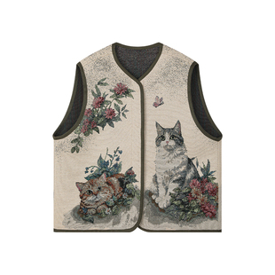 UOOYAA/乌丫经典花园猫咪织毯马甲