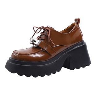 乐福鞋女真皮单鞋粗跟厚底休闲鞋金属扣松糕跟漆皮鞋学院风英伦鞋