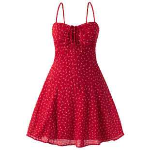 【包邮】海边度假红色碎花裙女胸前系带蝴蝶结收腰显瘦吊带连衣裙