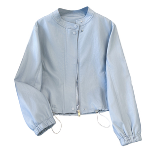 蓝色小立领机车风PU皮衣外套女爆款2026开春秋新款短款蛋白皮夹克