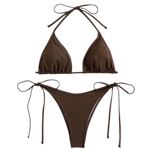 Solid color lace up backless bikini set纯色系带露背泳装套装