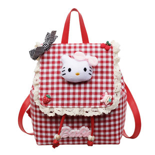 可爱甜美少女格纹双肩包女卡通凯蒂猫蝴蝶结蕾丝边小众旅行小书包