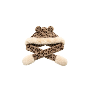 Q宝家童品11月新款 儿童仿皮草豹纹围巾帽风雪帽仿狐狸毛宝宝帽子