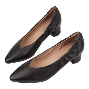 壹家shoes040013全羊皮4公分跟高尖头粗跟奶奶鞋防掉跟气质高跟鞋