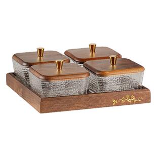 北美胡桃木玻璃果盘茶几分格茶点心糖果会所干果盘零食坚果盒带盖