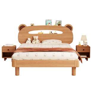 全实木儿童床男孩女孩单人床实木床头置物床简约童趣床小熊地台床