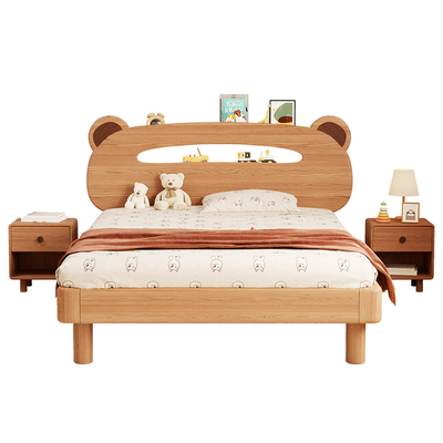 全实木儿童床男孩女孩单人床实木床头置物床简约童趣床小熊地台床