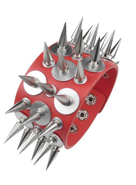 合金奶嘴铆钉圆片大红皮朋克手链