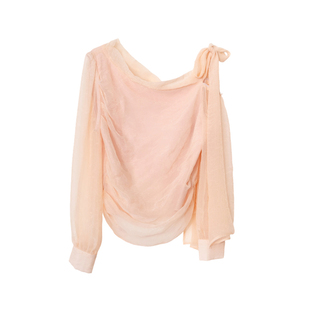 ENJOYME商场同款设计感轻纱飘带气质小衫女2026春露肩蝴蝶结上衣