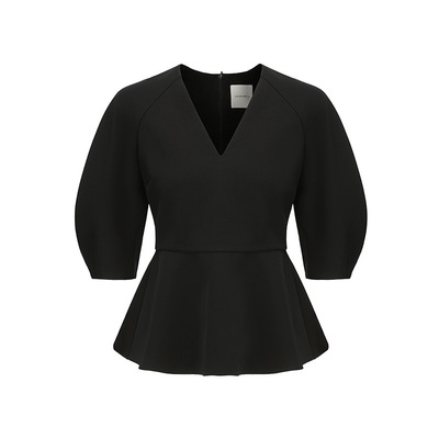 弧形袖收腰V领造型上衣