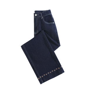 2025小个子流行黑金蓝刺绣直筒牛仔裤女冬季加绒加厚新款法棍裤子