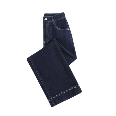 小个子流行黑金蓝刺绣直筒牛仔裤