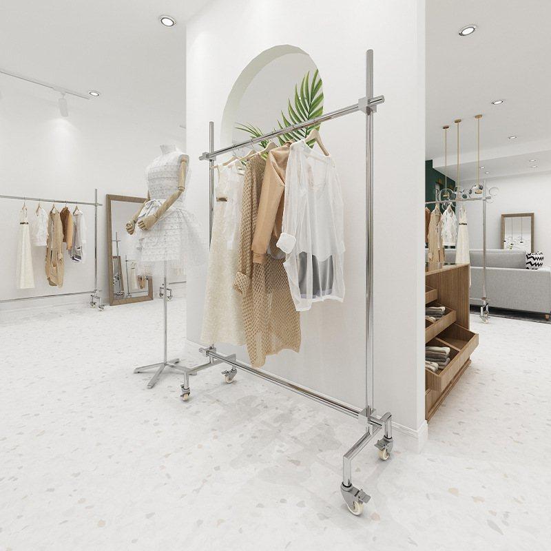 不锈钢服装店展示架落地带轮子货架挂衣架移动女装陈列可调节专用