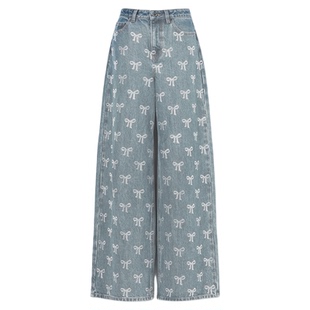 self-portrait 2025早秋新款浅牛仔蓝满钻蝴蝶结阔腿裤牛仔裤