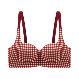 都市丽人红色内衣女小胸聚拢本命年格子提拉防下垂新娘结婚文胸罩