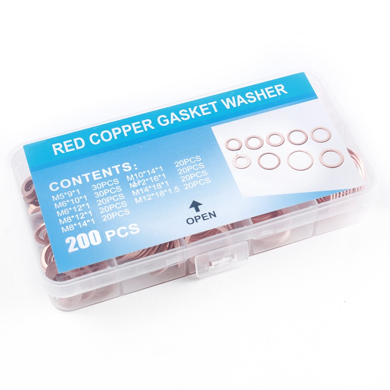 200PCS 紫铜油封垫片盒装 9种规格 O型密封圈垫片 铜垫片 M5-14