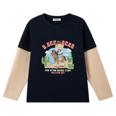 PawinPaw卡通小熊童装25年秋冬新款男童撞色拼接假两件长袖T恤