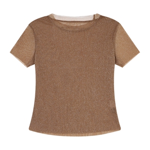 白鹿语 亮丝微弹针织T恤女 2026夏修身套头通勤百搭薄款短袖上衣