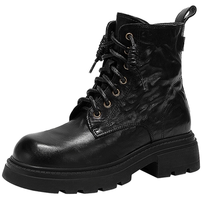 千百度加绒手抓皮厚底马丁靴女款百搭冬季气质增高真皮保暖短靴子