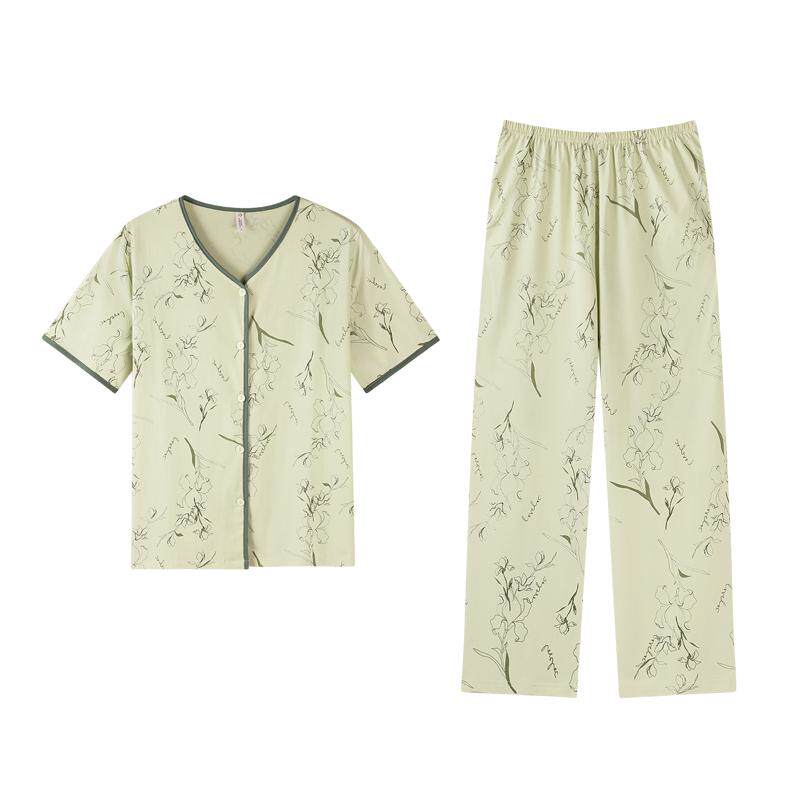 睡衣女夏季纯棉短袖九分裤开衫大码春秋薄款高级感碎花家居服套装