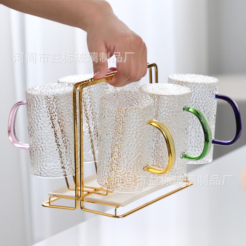 厂家批发彩色创意锤纹水杯六果汁绿茶色牛奶把手泡茶家用家用玻璃