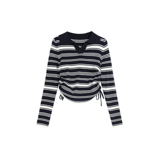 西町村屋针织衫女冬新款气质简约翻领百搭条纹针织上衣HD8112564