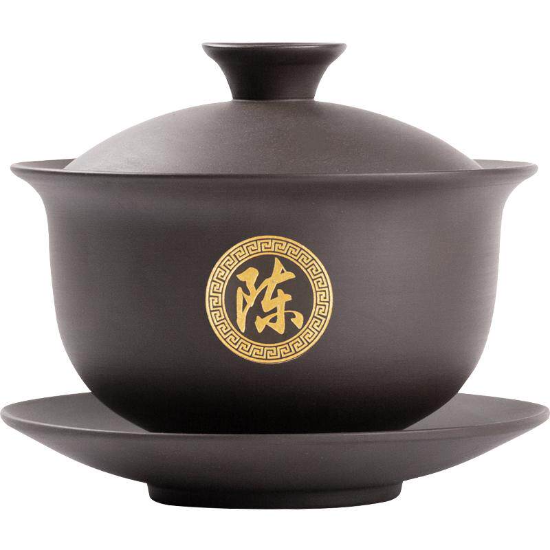 德化紫砂盖碗描金百家姓定制刻字手工三才茶碗兰花款功夫茶具配件
