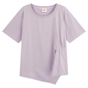 YUZI鱼子纯色开衩设计T恤大码女装夏微胖mm显瘦遮肉200斤清新简约