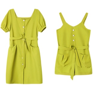 裙子女夏2025新款复古方领牛油果绿色连衣裙连体裤不一样的闺蜜装