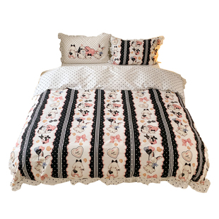 富山商店 黑色系Lolita兔兔日记系列 100%棉荷叶边刺绣拼接四件套