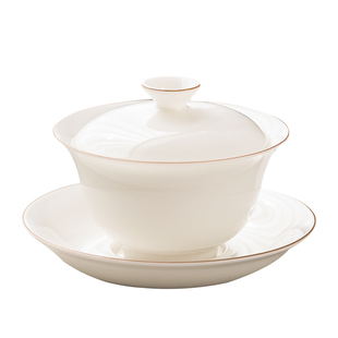 高端功夫泡茶三才盖碗盖子托盘茶杯单个高档羊脂玉白瓷茶具不烫手