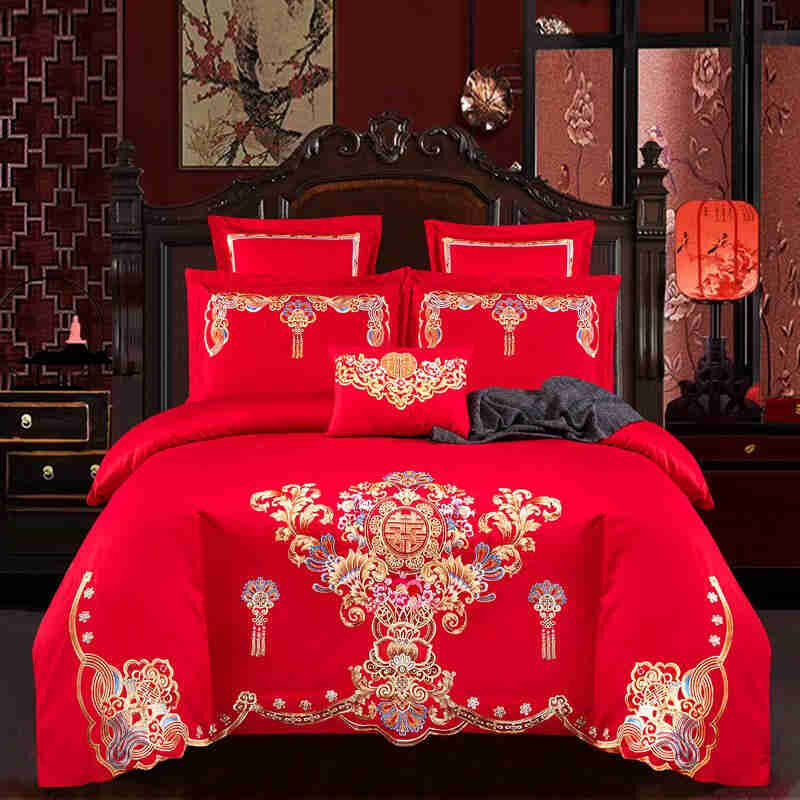 云上舒婚庆四件组m纯棉结婚床上用品全棉大红色床单被罩秋冬加