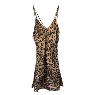 性感豹纹睡衣女春夏天冰丝薄款露背无袖吊带睡裙带胸垫短款连衣裙