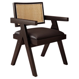 实木餐椅家用昌迪加尔椅扶手靠背椅中古风复古休闲餐厅餐桌椅凳子