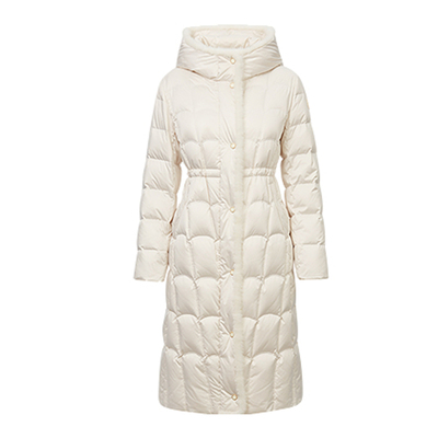 冬季白色收腰长款连帽羽绒服外套