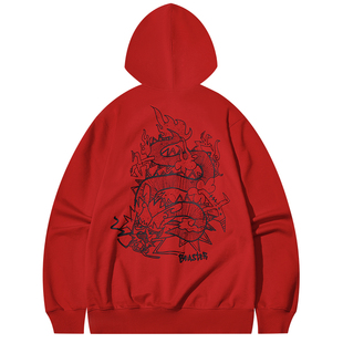 【BEASTER龙系列】纯棉连帽卫衣男龙年红色重磅情侣美式新春外套