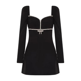 关晓彤同款黑色泡泡袖连衣裙女方领长袖小黑裙气质赫本风褶皱短裙