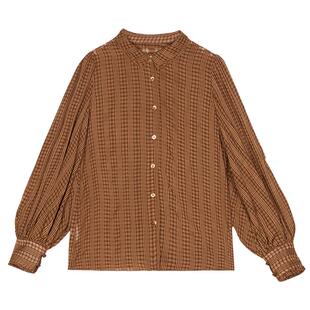 谜底格纹衬衫长袖女2025春季新品复古风微皱肌理感衬衣251MC0109