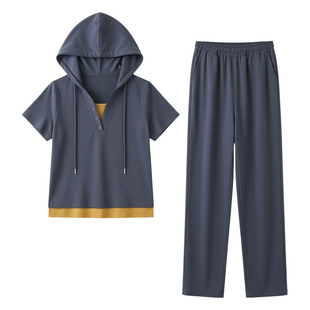 2026夏季假两件拼接连帽跑步服时尚短袖长裤套装女运动休闲两件套