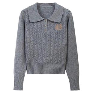 韩系减龄刺绣Polo衫翻领打底上衣女秋冬春季绞花纹理感毛衣针织衫