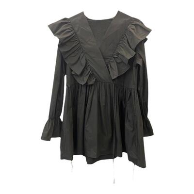 荷叶边V领喇叭袖收腰显瘦连衣裙