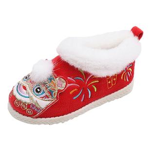 女童加绒汉服鞋冬季新款儿童大棉绣花鞋老北京布鞋红色古风表演鞋