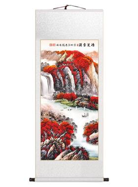旭日东升山水卷轴玄关挂画