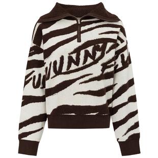 【摩卡猫纹】FF仿佛针织衫女2025冬季新款翻领条纹套头羊毛毛衣