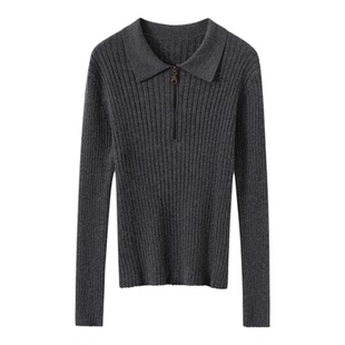 精纺纯山羊绒超舒服高货翻领半拉链抽条打底衫修身薄款针织羊绒衫