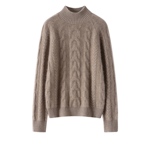 七针双股重磅加厚半高领山羊绒衫女套头上衣绞花宽松显瘦打底毛衣