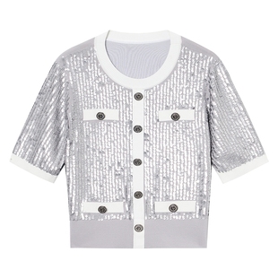 Goodland美地夏季磷光珠片小香风毛针织衫法式肌理上衣